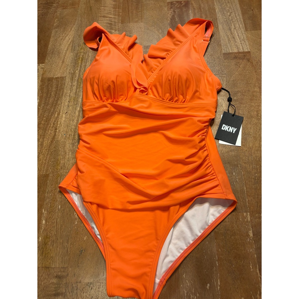 NWT DKNY Ruffle Plunge One Piece Swimsuit Tummy Control Coral Orange 14 New